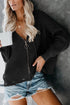 Zipper V-Neck Dropped Sleeve Hooded Solid Sweater